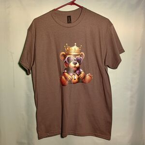 Gildan Brown Graphic T-Shirt with Cool Teddy Bear King Print – Size M